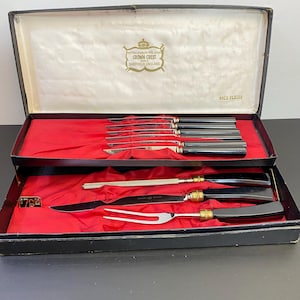 9-delig vintage Engeland Sheffield roestvrijstalen bestek/bestek/snijmessenset, verguld, sheffeld-merk, kammeskroon, keukengerei