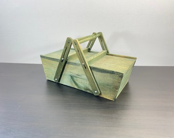 Vintage Wooden Rustic Sewing Box, Retro Boho Old Desktop Sewing Boxes, Old Cantilever Sewing Storage, Green Color, Antique Style, Gift.