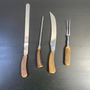 Set 4 Pieces Carving Knife, Sheffield Steel Knife, Fork, Sharpener Bakelite Faux Antler Handle, England, Utility Cooking Knife, Kitchen Chef