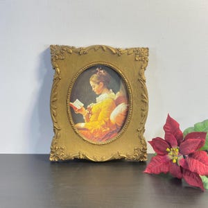 Plastikowa rama do obrazu Homco z 1982 r., reprodukcja Młoda dziewczyna czytająca Fragonard-Ornate, wydruk do zawieszenia na ścianie, Młoda dziewczyna czytająca, owalna rama w kolorze złotym.