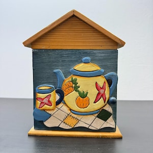 Armadietto portachiavi da parete in legno, supporto a parete, 6 ganci per chiavi, anta con pomolo, organizer per chiavi marrone e blu, stile Art Déco Boho, armadietto da parete