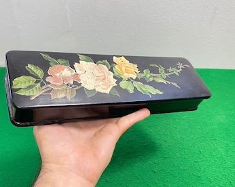 Vintage Lacquered Wood Jewelry Box, Roses Floral Decal