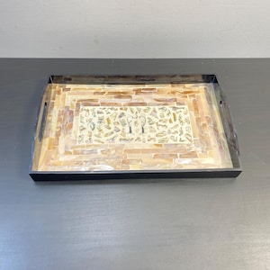Wooden Handmade Tray, Serving Fruit Tray, Plate Rectangular Lacquer Inlaid with Mother of Pearl Shell, Brown Black Gift, Vegetables, Sweets.