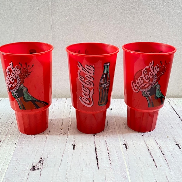 Old Coca-Cola Plastic Drink Cups Red Color,Set of 3 Large Soda Cups Glasses, Unique Style, Nice Gift,