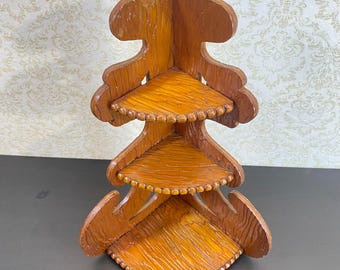 Vintage Corner Wood Shelf, 3 tiered vintage Wall hanging rack, Handmade Historic Home Cottage, Display, Knick Kncks, 1970s Retro brown color