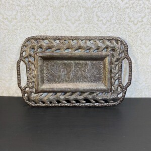 Vintage Rectangular Metal Tray with Birds, Ornate Serving Platter, Living Room Decor, Rustic Kitchen, Fruit and Vegetables Serving Tray.