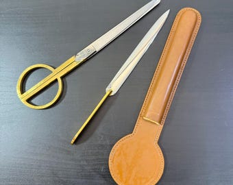 LERCHE Solingen German Desk 2 Pc Gold Letter Opener and Scissors in Leather Sheath, German Metal and Leather Desk Set, Cold Storage.
