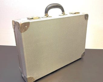 Metal suitcase with metal edge protection, lockable metal suitcase with key, old travel case, bedroom decor, rural cottage decor.
