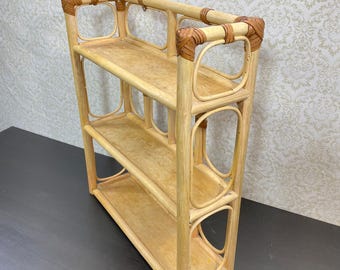 Vintage French Wooden Wood Pole Wall Hanging Three Tier Standing Small Shelf Shelving Unit Weathered circa 1970-80's