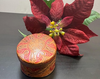 Handcrafted Tooled Leather Box, Painted Paisley Design, Keepsake Box