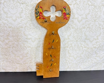 12" x 5" Vintage Wooden Key Storage Handpainted Kitschy Chickens Feathers Midcentury organizer, necklace holder foyer, entryway storage gift