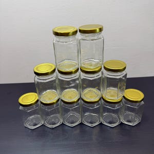Hexagon Clear Glass Jars with Gold Metal Lids, 12 Bottles, 8 cm, Honey Container, Spicy Storage, Beauty products, Kitchen Rack Decor.