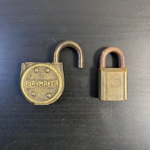 Vintage SLAYMAKER Lock and YALY Canada Padlock, Set of Two, Golden Rustic Security Device, Old Classic Locks, Heavy Duty Tools, Chests Lock.