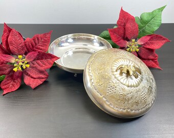 Round Metal Bowl, Small Vessel with Two Birds, Vintage Solid Dish, Handcrafted Kitchenware Curry, footed Sugar and Candy Plate with Lid.