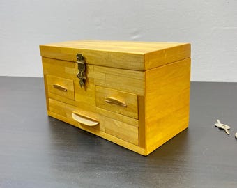 Wooden Jewelry Box, Lockable Wooden Trinket Storage, Blue Velvet Lined Vanity