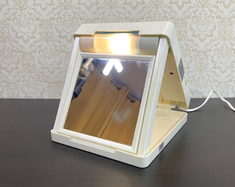 Podświetlane lustro do toaletki w stylu vintage, WIELE FAKTÓW: Podświetlane składane lustro działa! Makijaż podróżny w stylu vintage z lat 70., Strona główna/Lustro podróżne