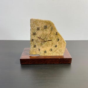 Handmade Natural Stone Desk Clock with Wooden Base