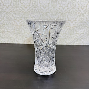 Vaso vintage in cristallo alto 19 cm, con motivo a stella e diamante trasparente, portafiori in vetro trasparente, vaso decorativo da collezione.