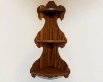 Vintage Corner Wood Shelf, 3 tiered vintage Wall hanging rack, Handmade Historic Home Cottage, Display, Knick Kncks, 1970s Retro brown color