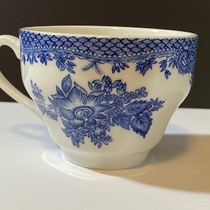 Vintage Tea Coffee Cup, Decorated Mug,  Floral Pattern, Johnson Bros England 1883, White and Blue Colors, Happy Family Gift, Blue Flowers.