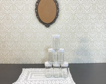 Set of 6 Vintage Glass Spice Jars, Airtight White Lids