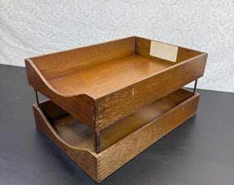 Two Tier Wooden Letter Tray / Vintage Stacking Office Paper Storage / Wood Desk Box / Mid Century Industrial Decor