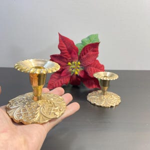 Two Vintage Brass Candle Holders, Antique Taper Candlesticks, A Pair of Flower Chambersticks, Art Nouveau Candleholders, Two Candle Stands