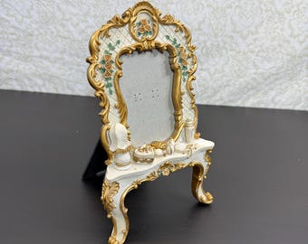 Vintage resin ornate gold and white picture frame, floral photo frame, baroque desk frame, antique style, retro tabletop decorative frame.