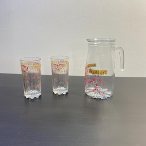 Italian Cerve Pitcher Mid Century Glass Pitcher Water Jug with Two Cups, Water Jug, Made in Italy, Floral Ornaments, Tableware Lemonade jug.