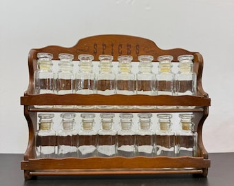 Vintage Wooden Spice Rack with 16 glass bottles apothecary bottles farmhouse kitchen country kitchen vintage kitchen cottage core decor