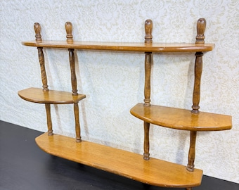 Vintage French Wooden Three Shelf Tier Wall Hanging Mounted Large Shelving Unit Country Cottage Arts Crafts Drawer circa 1970's