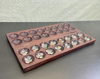 Foldable Wooden Mancala with Pebbles, Hand Carved Hardwood Strategy Game, Traditional Sungka, Board Game, Adults and Kids Table Game Gift.