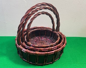 Three Vintage Bamboo Baskets, Set of 3 , Wicker Woven Basket with Handle, Dark Brown Bowls, Round Shape, Antique Style, Rare Collection.