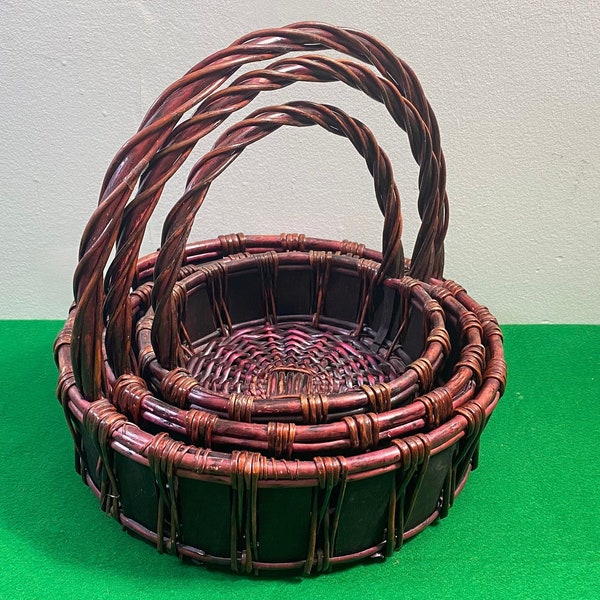 Three Vintage Bamboo Baskets, Set of 3 , Wicker Woven Basket with Handle, Dark Brown Bowls, Round Shape, Antique Style, Rare Collection.