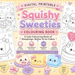 以下が含まれることがあります： かわいい餃子、バター、氷のキューブの線画が特徴のデジタル印刷可能なSquishy Sweeties塗り絵。表紙にはタイトル、PDFファイルに関するテキスト、ハートや星などの様々な小さな装飾アイコンが表示されています。