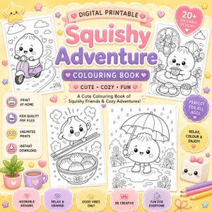 Puede incluir: Un libro de colorear digital imprimible Squishy Adventure con más de 20 páginas de arte lineal en blanco y negro de personajes de albóndigas en varias escenas, incluyendo montando un scooter, bebiendo té y usando un paraguas.