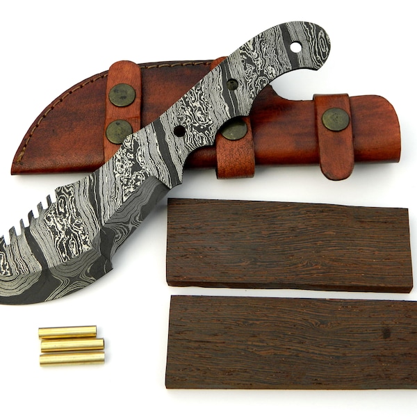 Knife Making Kit - Hand Forged Damascus Steel Small Hunting/Camping/BushCraft Knife Wooden Scales Beautiful Pieces Inc Leather Sheath - HA02