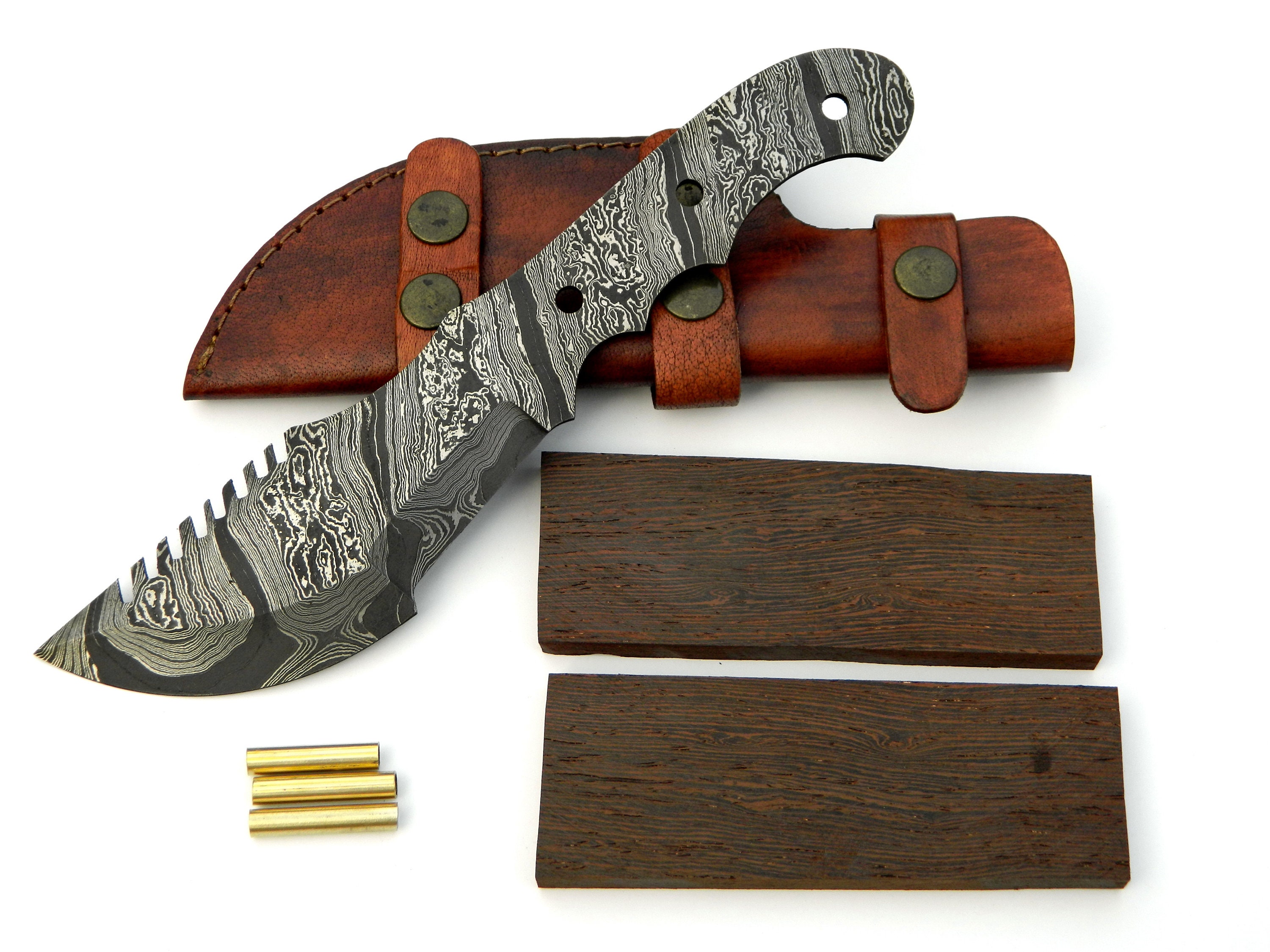 Damascus Knife Making Kit DIY Handmade Damascus Steel Includes Blank Blade,  Pins, Leather Sheath, Handle Scales Knife Making Supplies NB113 
