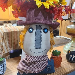 Handmade Primitive Denim Scarecrow Shelf Sitter, Fall, Autumn Home Decoration, Deputy Badge, Button Eyes, Homespun Bandana, Burlap Hat