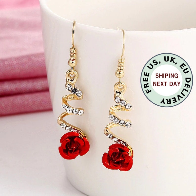 Rhinestone Earrings Vintage For Women Rose Gold Spiral Dangle Earring Red Rose Drop Earrings