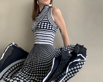 1990s Gianfranco Ferre Vintage Op Art Polka Dot Navy Dress