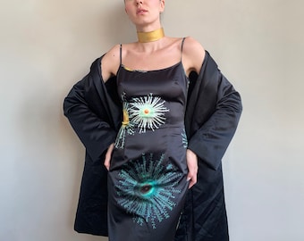 1990s Moschino Jeans black stretch satin sleeveless floral print dress size small