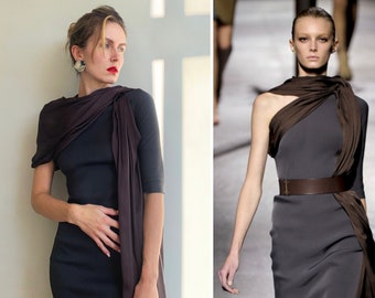 2011 Lanvin spring collection runway one shoulder black dress with silk brown scarf detail made by Alber Elbaz size small