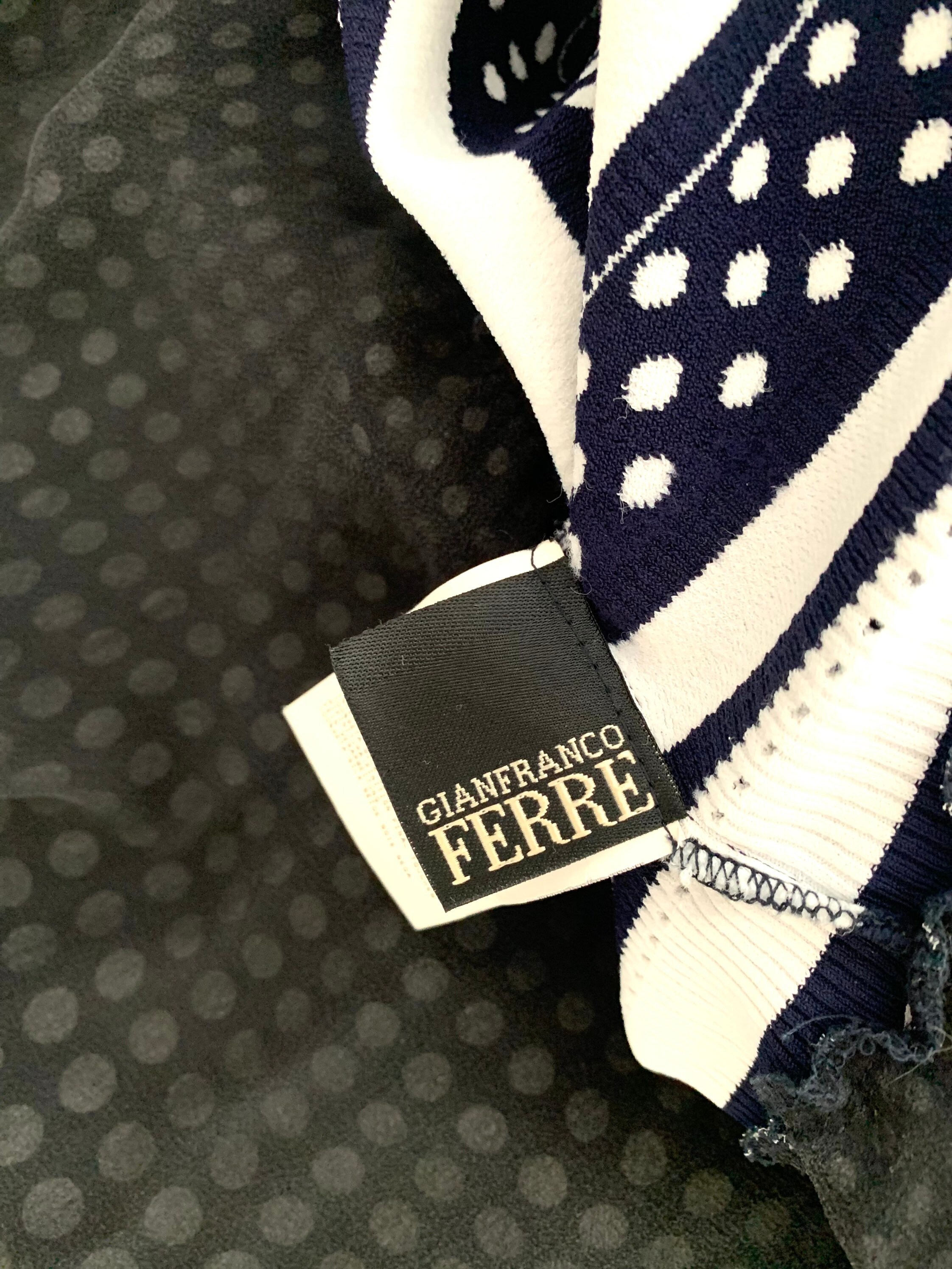 1990s Gianfranco Ferre Vintage Op Art Polka Dot Navy Dress