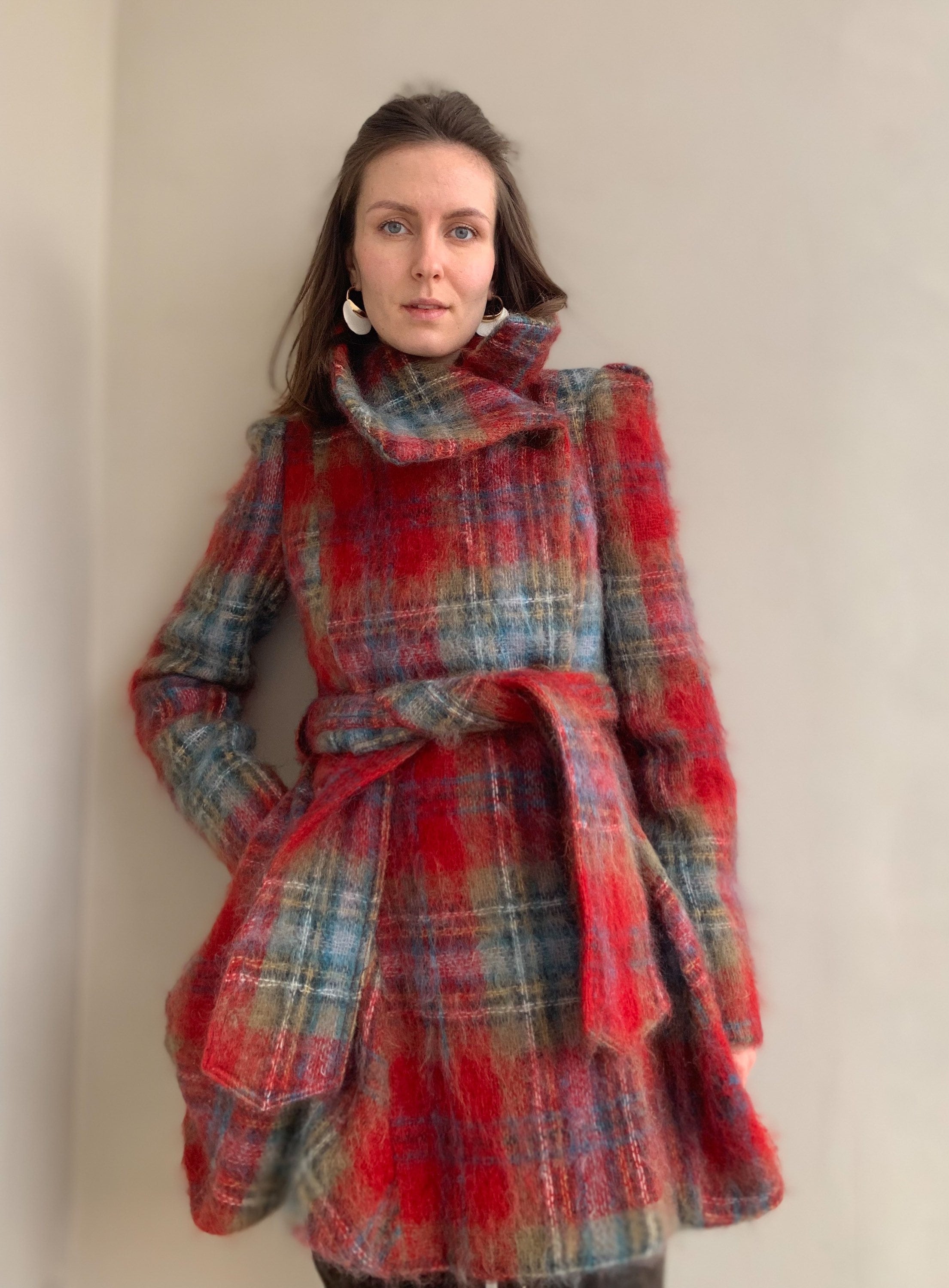 2000s Vivienne Westwood Red Label Tartan Red Mohair Coat