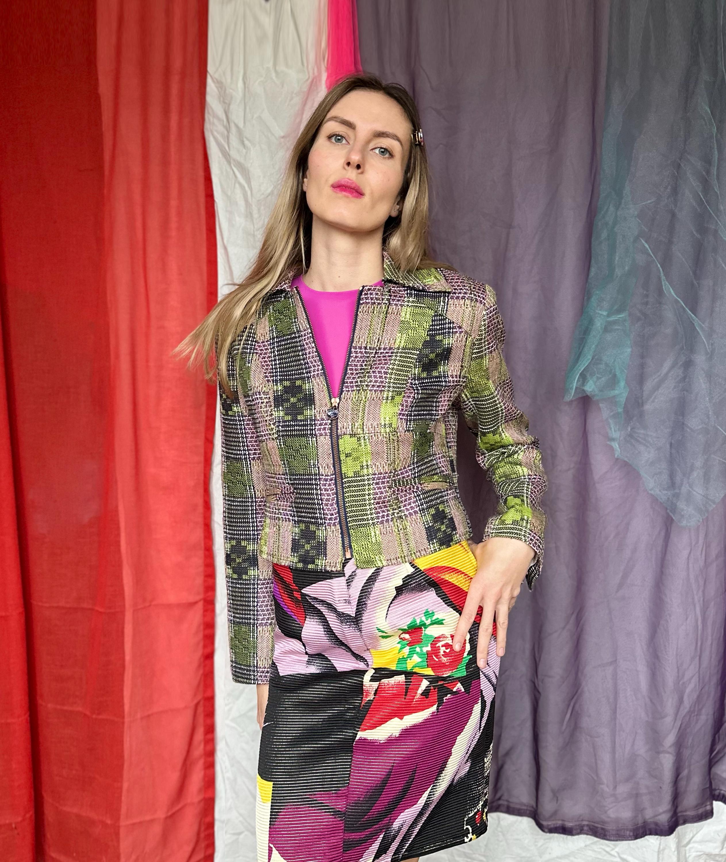 2000s Christian Lacroix multicolor small wool zip blazer size to medium