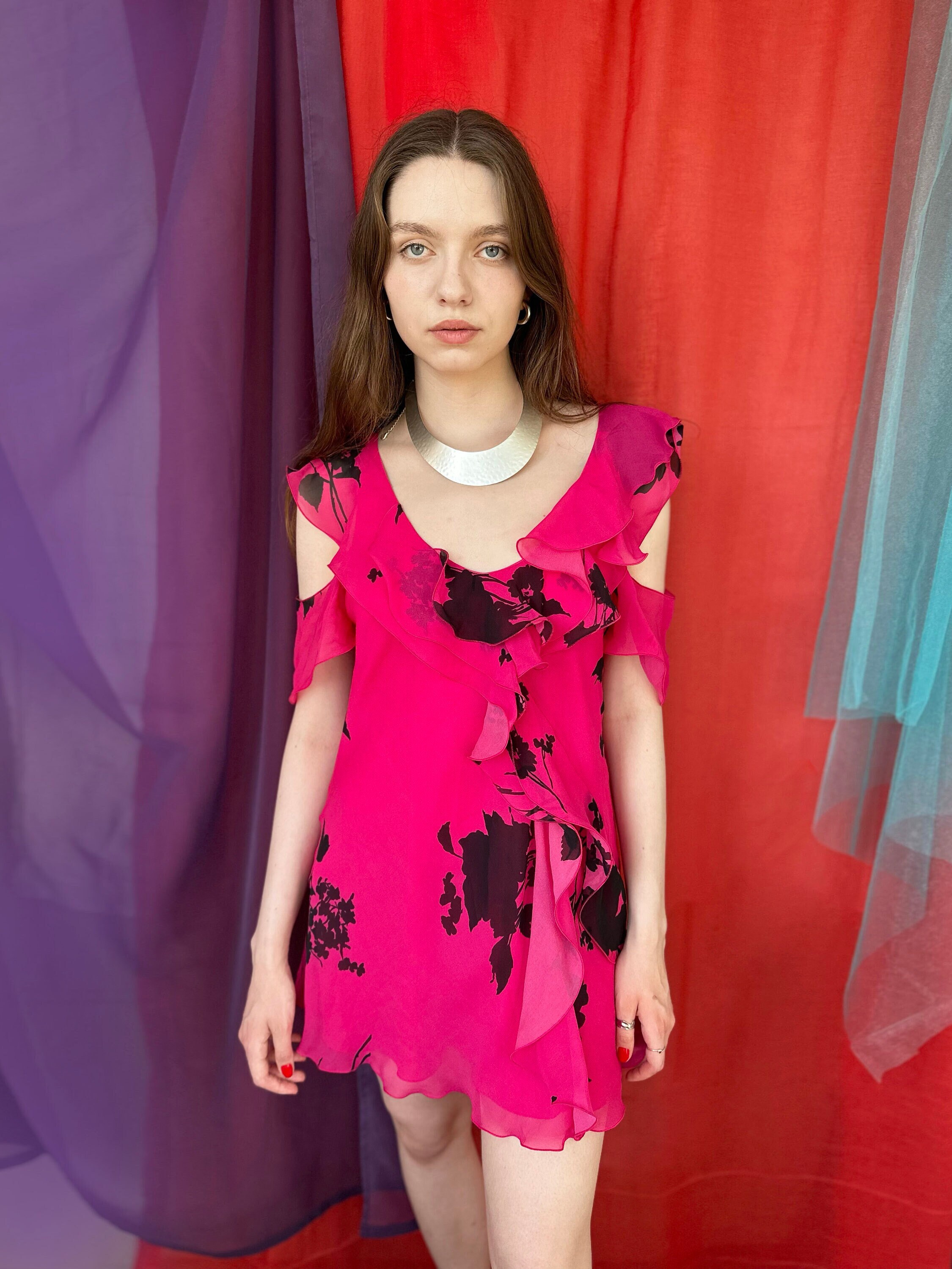 X'S Milano summer open shoulder pink fuchsia floral pattern mini dress with volans size medium