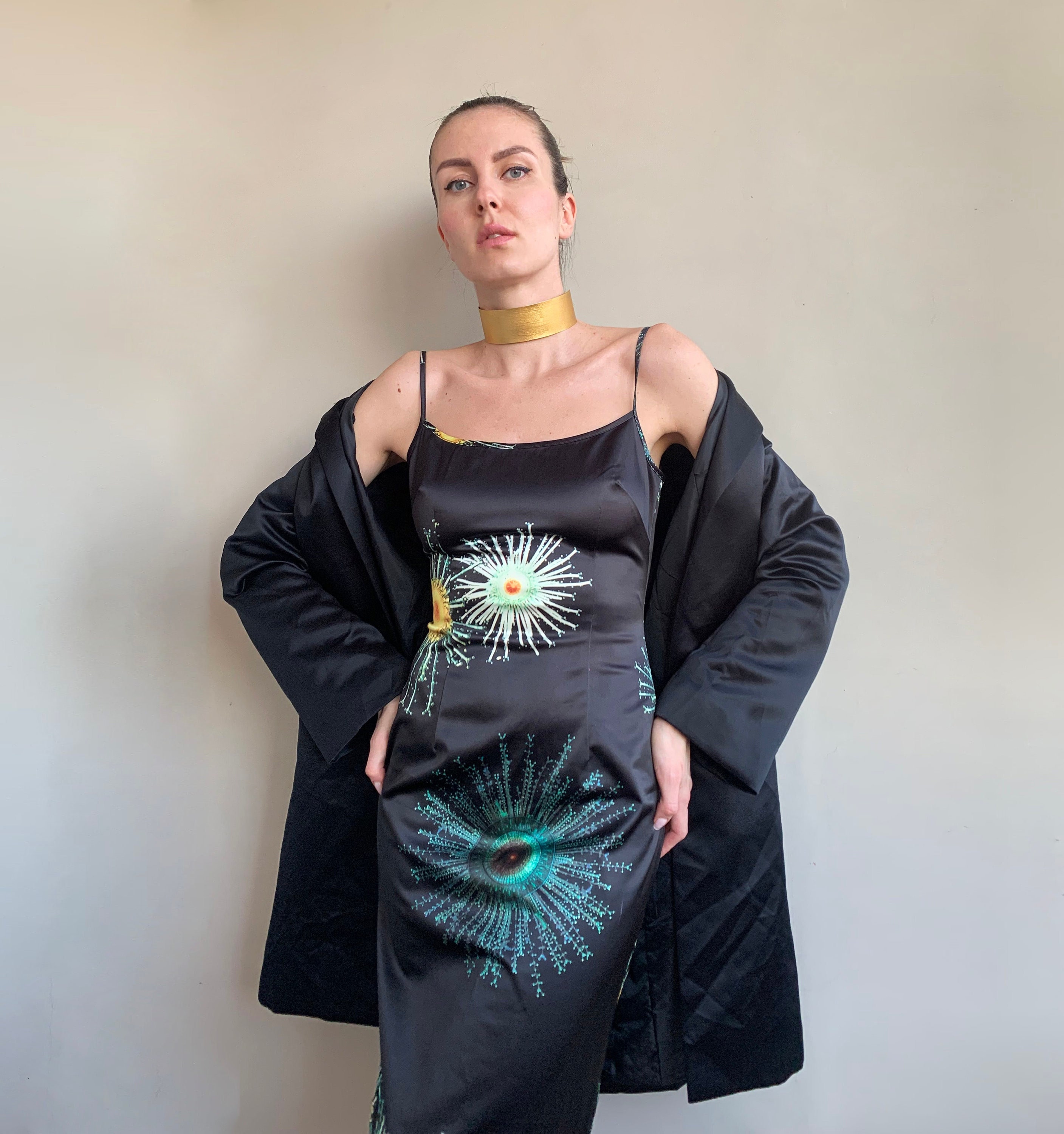 1990s Moschino Jeans black stretch satin sleeveless floral print dress size small