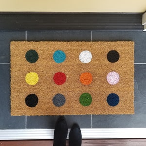 Abstract front doormat, Rows of colorful dots on outdoor mat, Midcentury Modern welcome mat, Colorful front entry mat with dots, Abstract