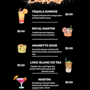 Bearbeitbare digitale Cocktail-Menüvorlage